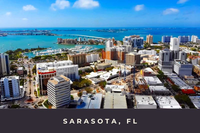 erial view of downtown Sarasota, Florida and the surrounding keys