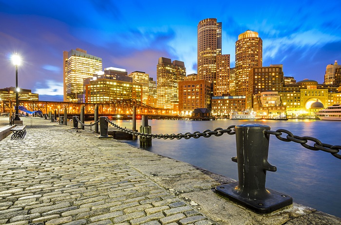 Boston, Massachusetts, USA skyline at fan pier