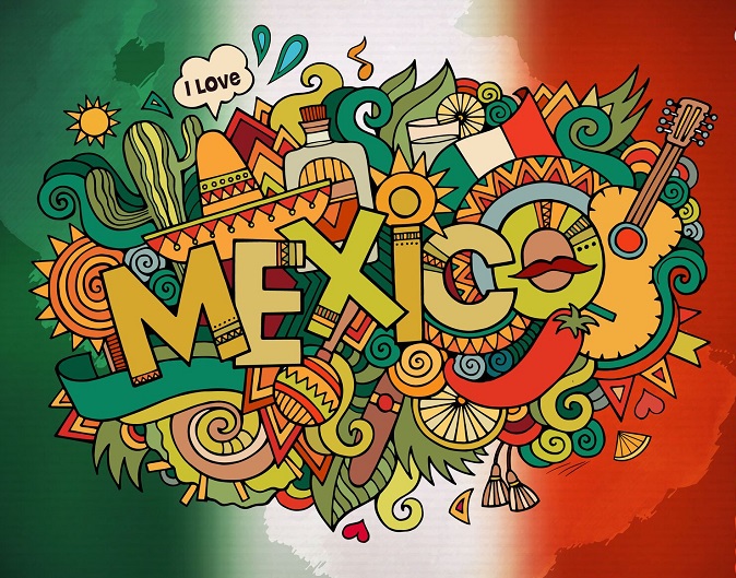 Mexico country hand lettering and doodles elements and symbols emblem. Vector blurred flag background_preview