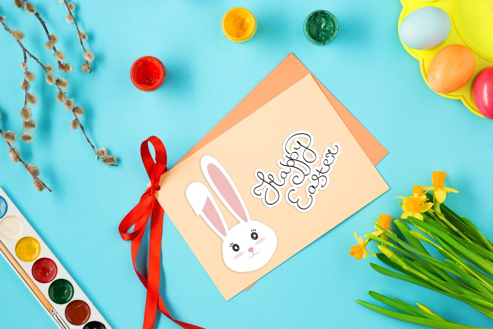Easter Themed Greeting Card on blue table