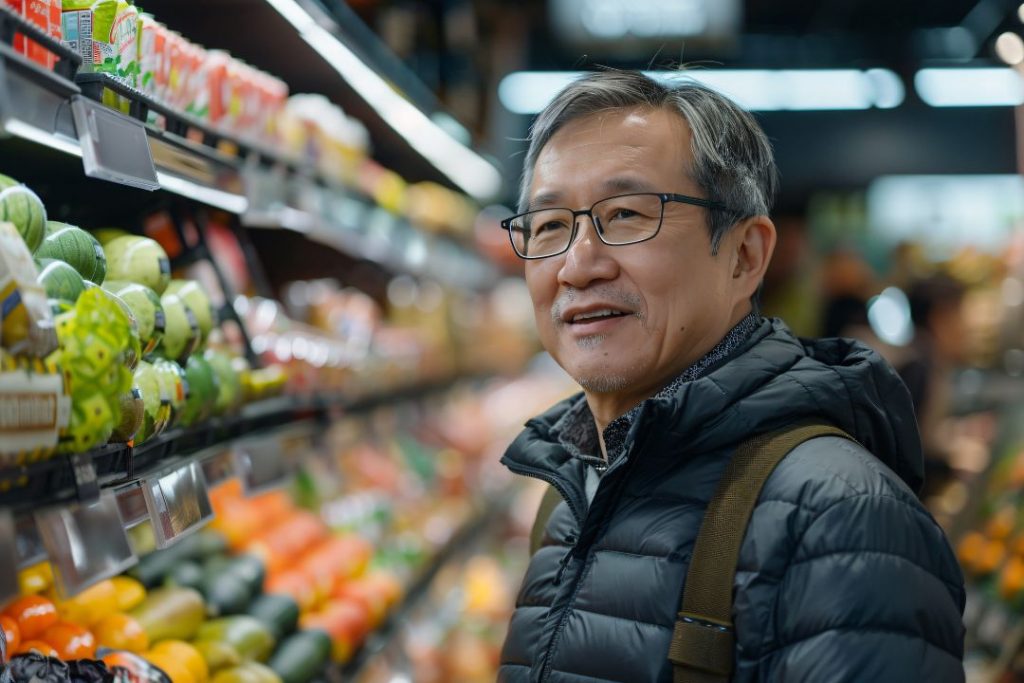 man going out shopping various consumer goods