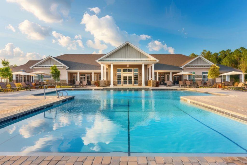 Swimming pool with clubhouse in the backgground