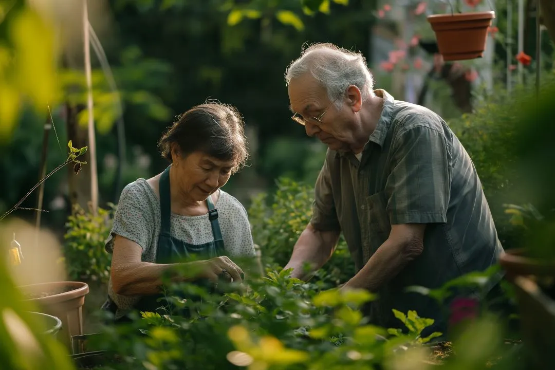 A senior couple happily gardening, surrounded by blooming plants, showcasing their love for nature and each other.