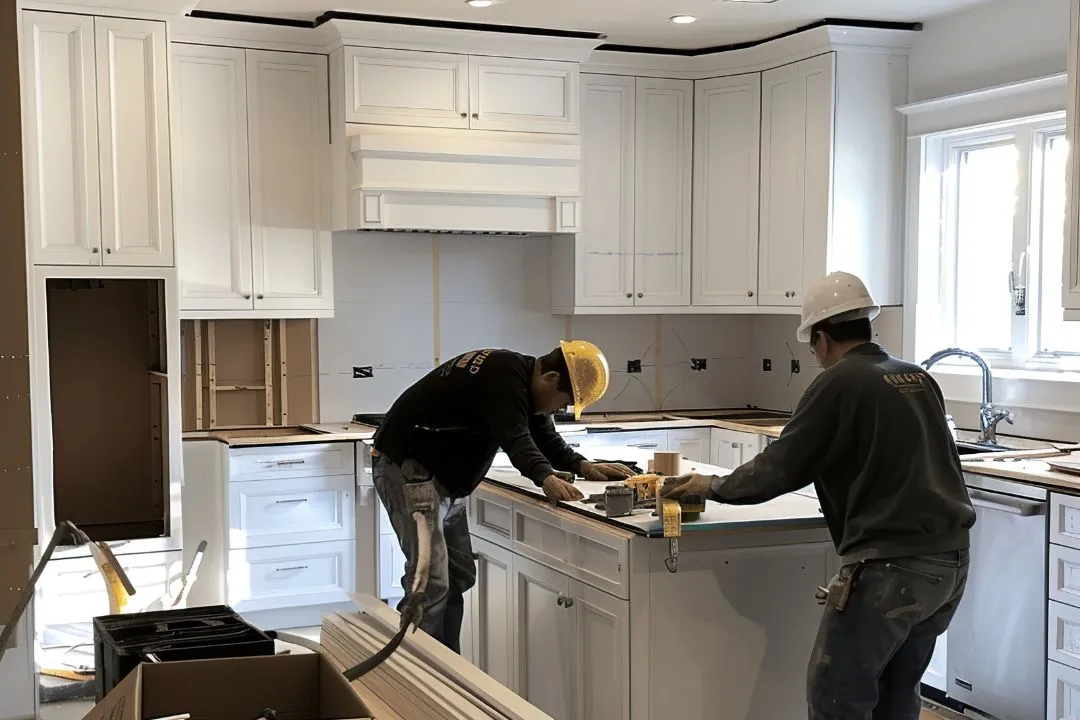 Two men are engaged in kitchen work, actively collaborating on improvements in a home environment.