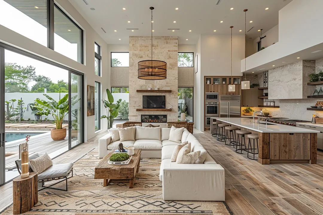 A spacious living room featuring a fireplace, seamlessly connected to a modern kitchen, creating a warm and inviting atmosphere.