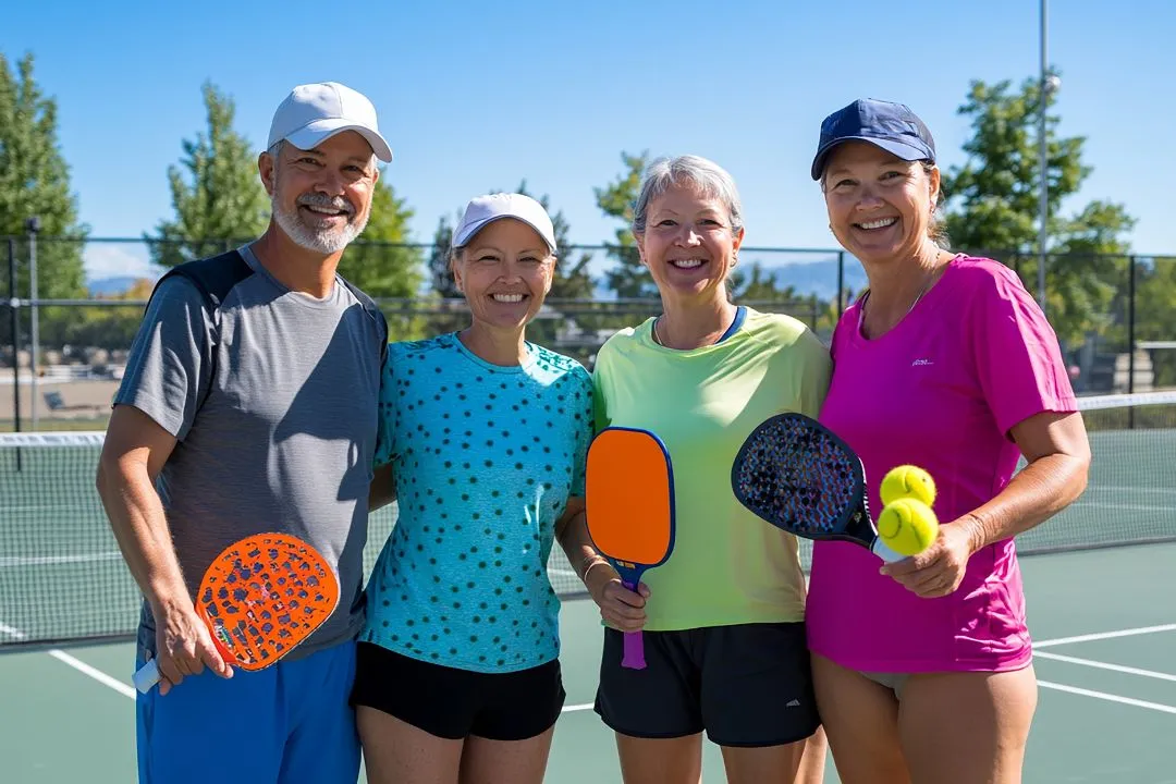 A group of four, including three seniors and one youth, poses with tennis rackets, showcasing their enthusiasm for the sport.