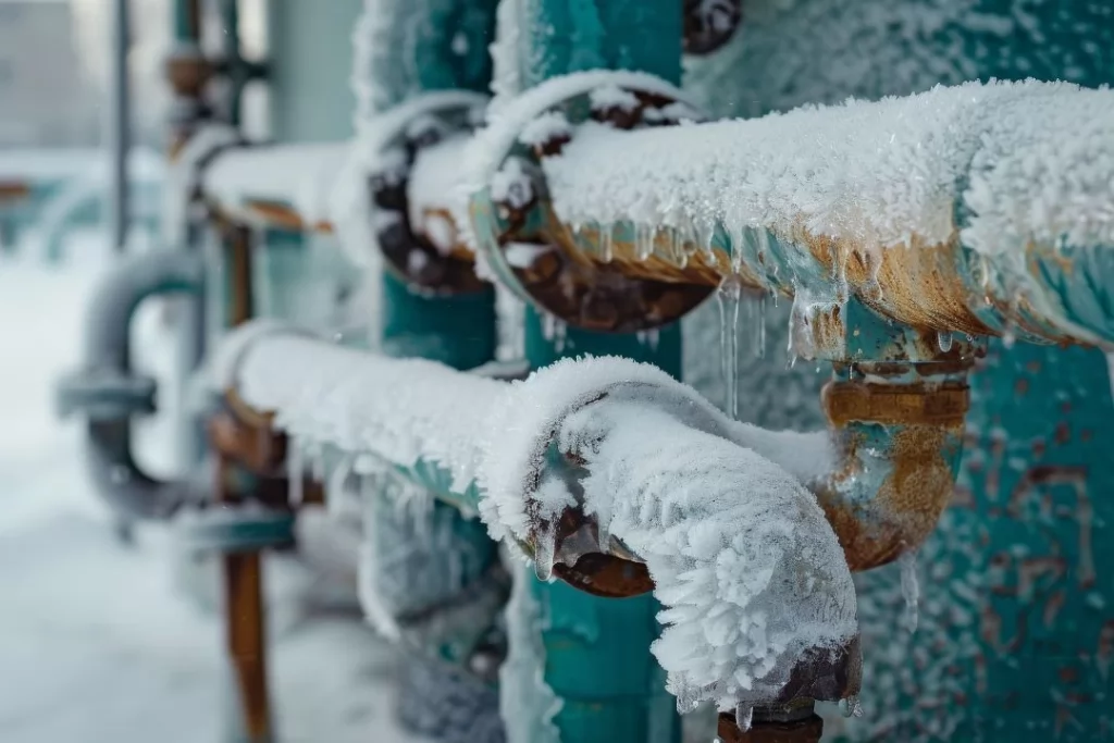 Frost-covered pipes and valves in a winter setting, illustrating the impact of low temperatures on infrastructure