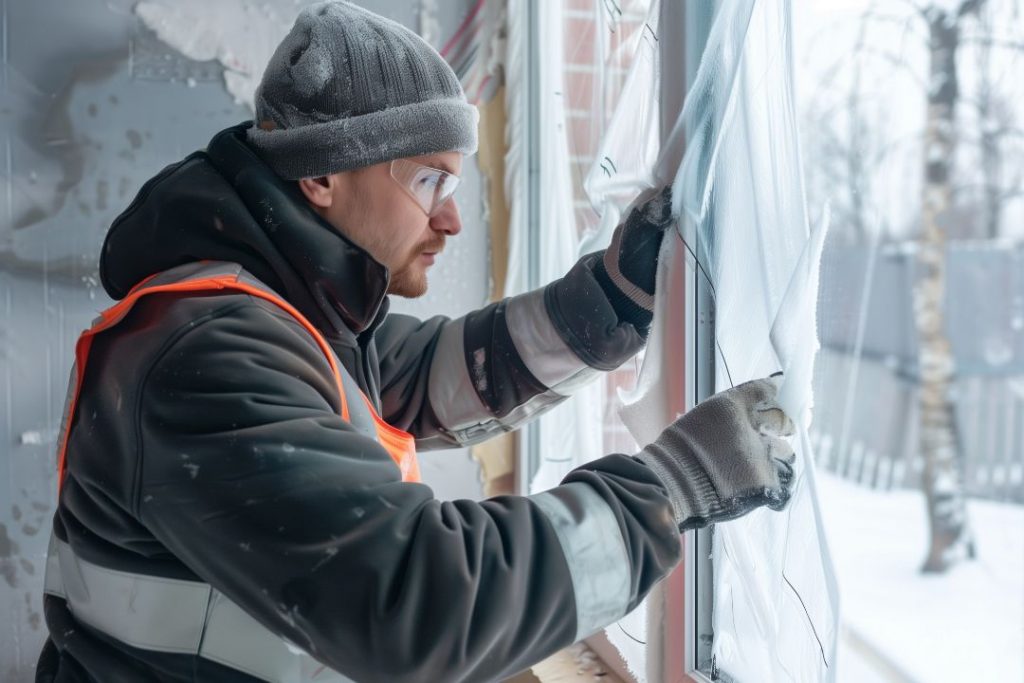 A man wearing an orange vest and hat repairs a window, demonstrating skilled craftsmanship and attention to detail.