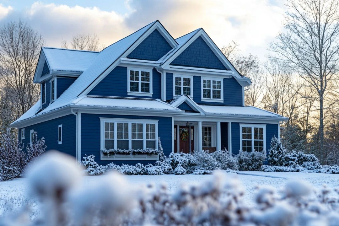 A blue house surrounded by a blanket of snow, creating a serene winter landscape