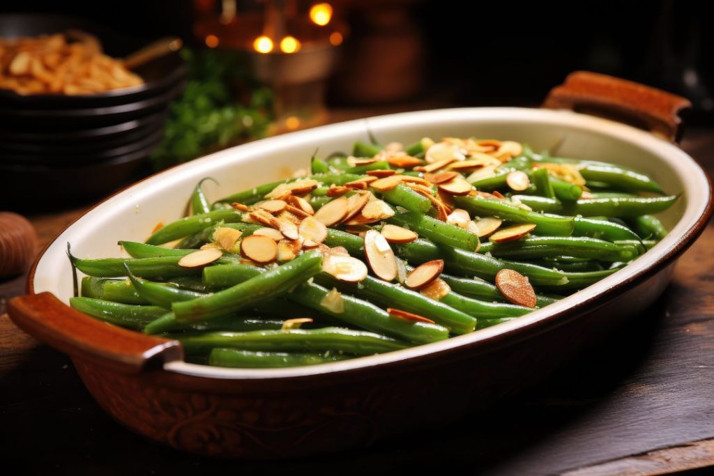 A vibrant plate of green beans topped with crunchy almonds, highlighting a nutritious and appealing side dish.