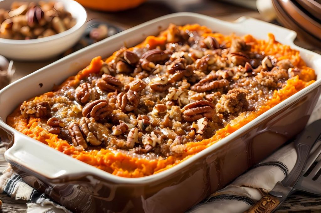  A delicious sweet potato casserole topped with crunchy pecans, showcasing a warm and inviting dish perfect for gatherings.