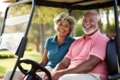 a couple or seniors riding in a golf cart