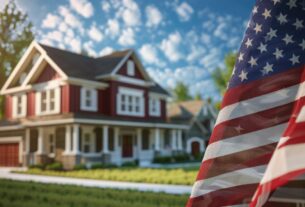 American flag waving in front of a house, symbolizing patriotism and national pride