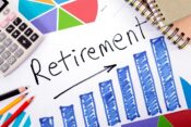 Calculator, colored pencils, notebooks, and charts surrounding a paper with a blue bar graph and the word "Retirement" written above it.
