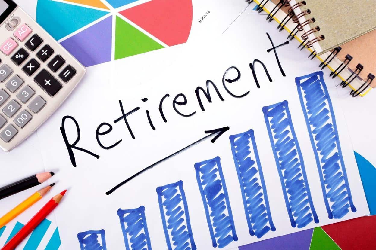 Calculator, colored pencils, notebooks, and charts surrounding a paper with a blue bar graph and the word "Retirement" written above it.