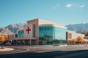 3. A sizable building displaying a red cross, suggesting a medical or emergency facility.